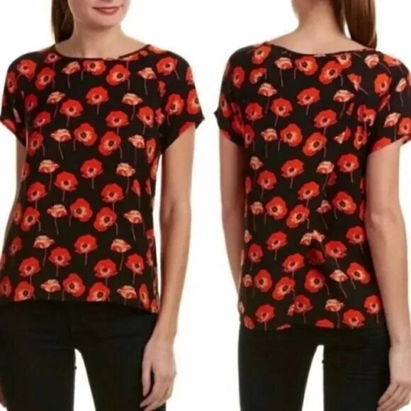 Cabi Black Flanders Red Poppy Short Sleeve Blouse S #3251 - Picture 1 of 5